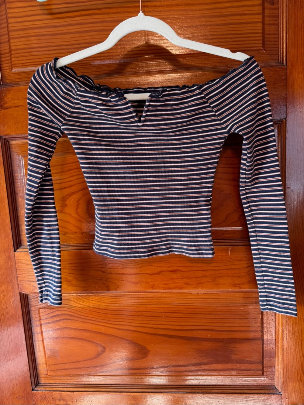 Cotton On Navy & Brown Striped Off-Shoulder Long Sleeve Top (S)
